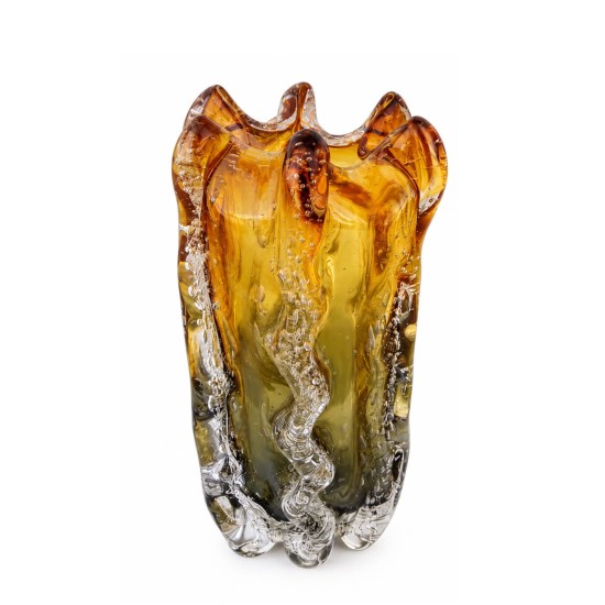 Sculptural Murano Glass Vase in Amber & Olive Green