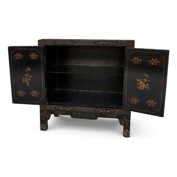 Vintage Black Lacquer Chinoiserie Cabinet
