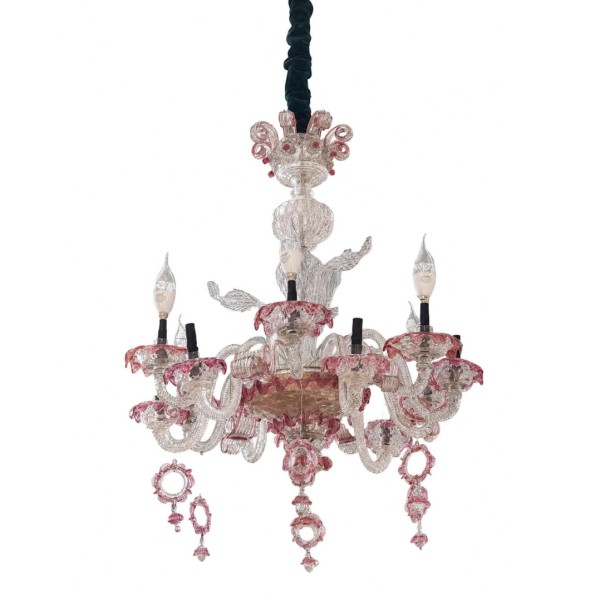 Vintage Murano Clear Glass Chandelier with Pink Floral Accents
