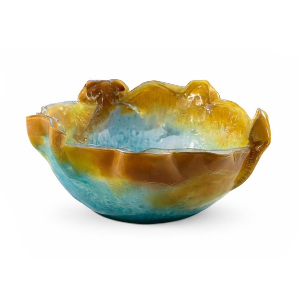 Sculptural Art Glass Bowl in Yellow & Aqua